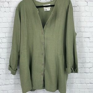 Flax Army Sage Green 100% Linen Button Down Top Size Medium